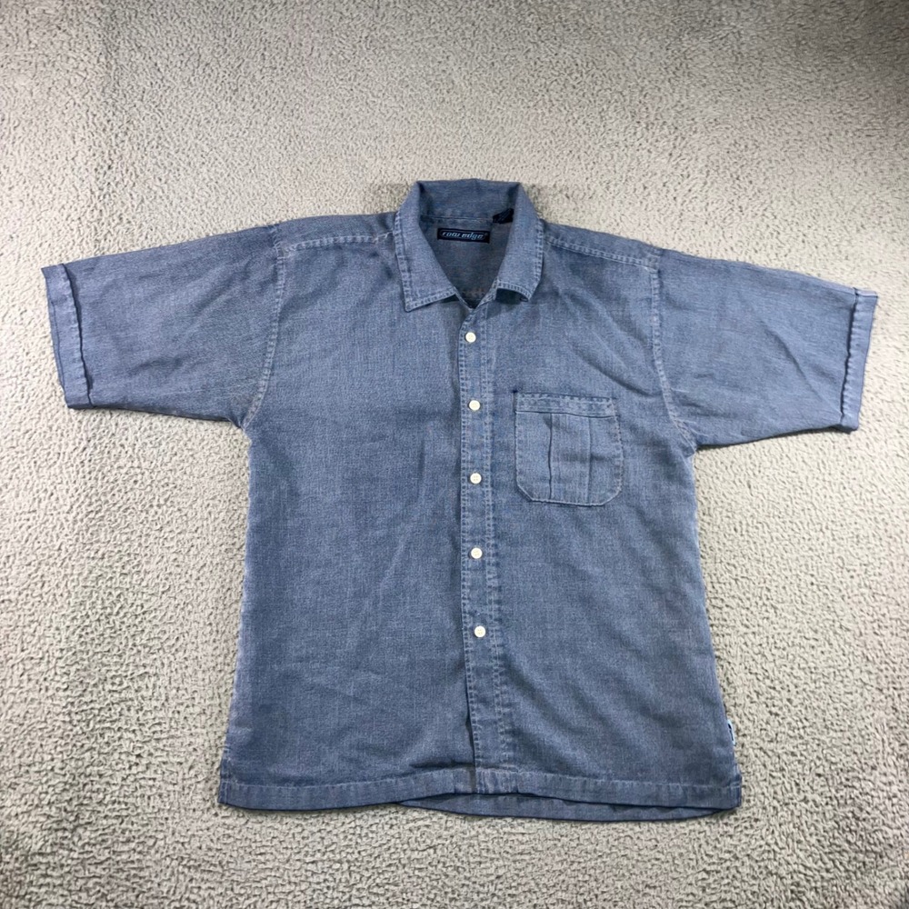Raw‎ Edge Button Up Shirt Men L Blue Short Sleeve Rayon Blend Dad Work Coastal